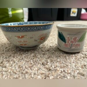 Mismatch Set Of Vintage Japanese Handmade Porcelain TeaCup & Small Bowl Dishware
